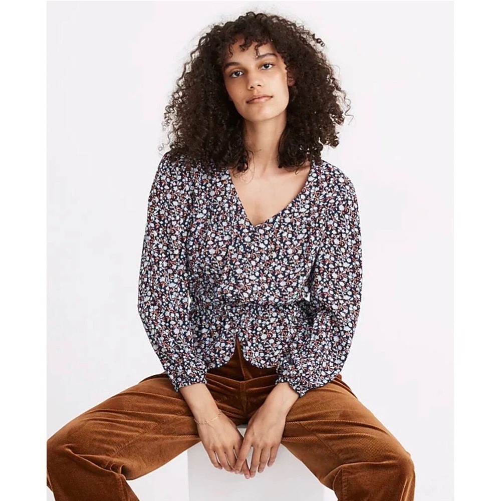 Madewell Silk Peplum Top‎ Blue Floral Balloon Sleeve V-Neck Size M Harvest Vine